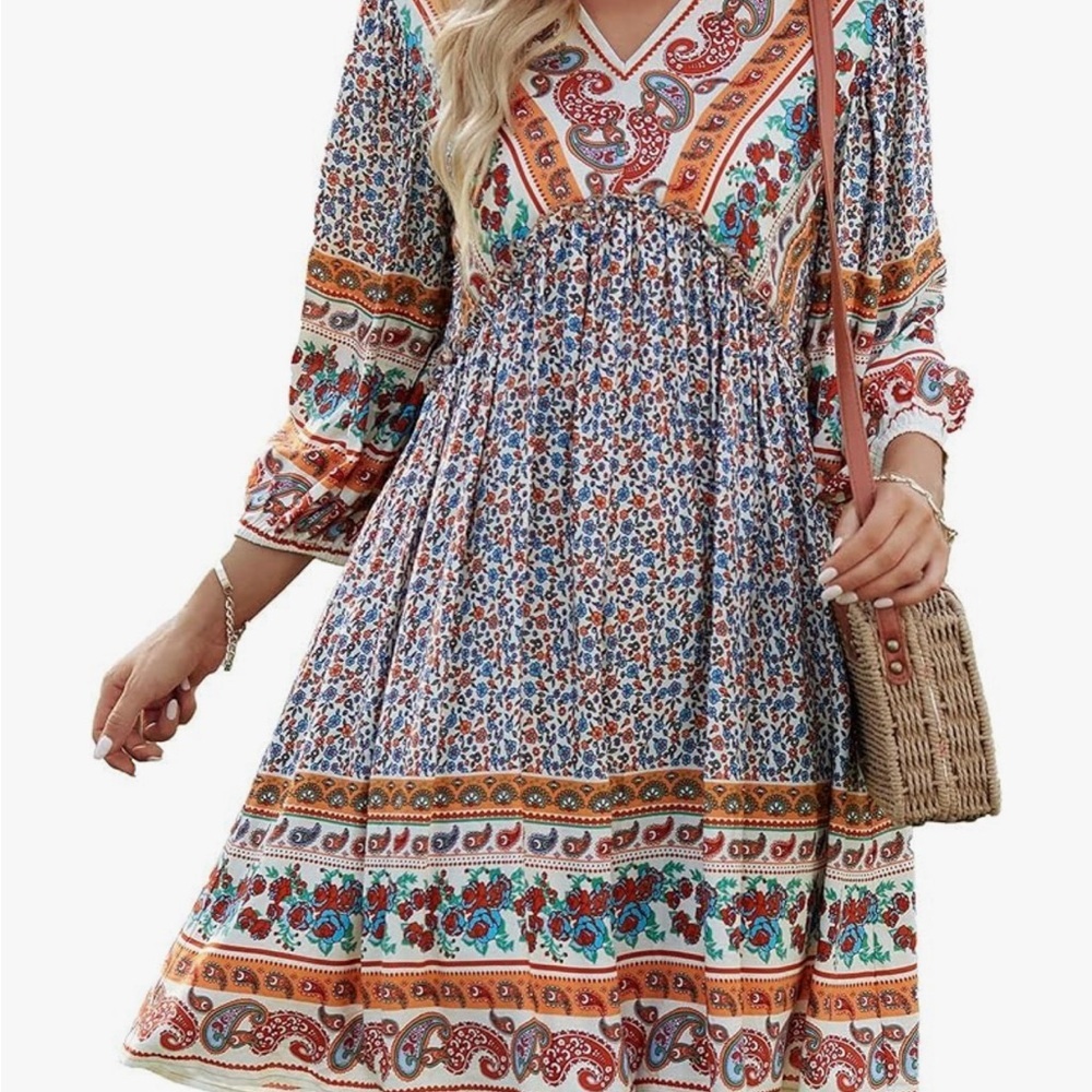 Boho Floral Paisley V-Neck Mini Dress White Orange NWT